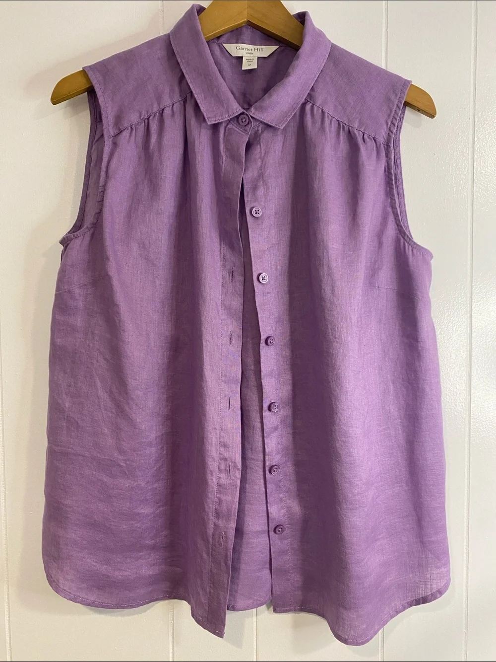 Garnet Hill European Flax Linen Sleeveless Button Shirt Purple Coastal Medium